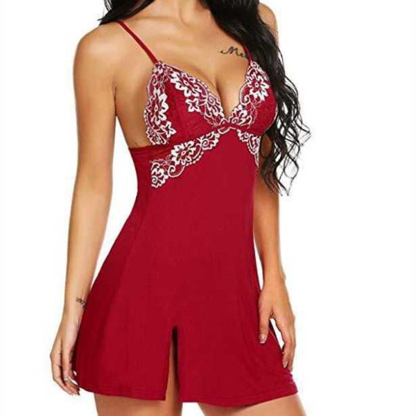 Red Satin Lace Plunge Babydoll Chemise