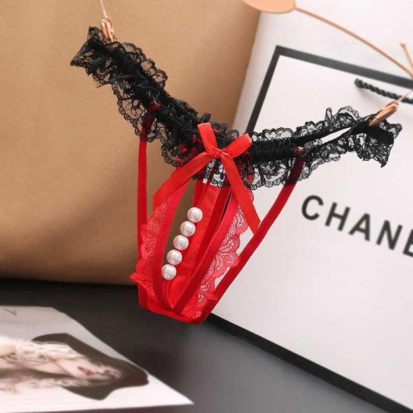 Red Lace Pearl-Accented Crotchless Thong