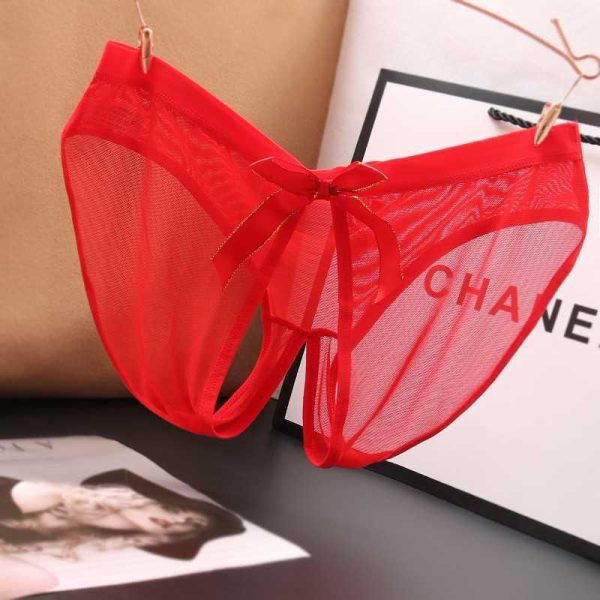 Red Sheer Mesh Open Crotch Panty with Bow