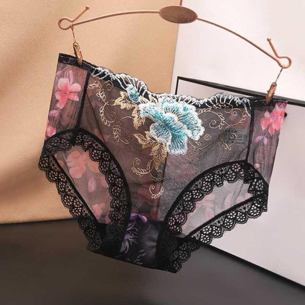 Sheer Floral Embroidered High-Waist Lace Trim Underwear